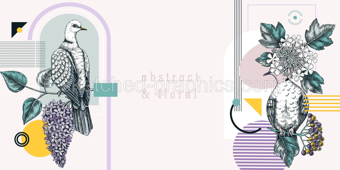 Collage style doves vector background. Hand-drawn birds on blooming branches with flowers, berries, leaves. Trendy design with botanical sketches, geometric shapes, abstract elements for print Illustration